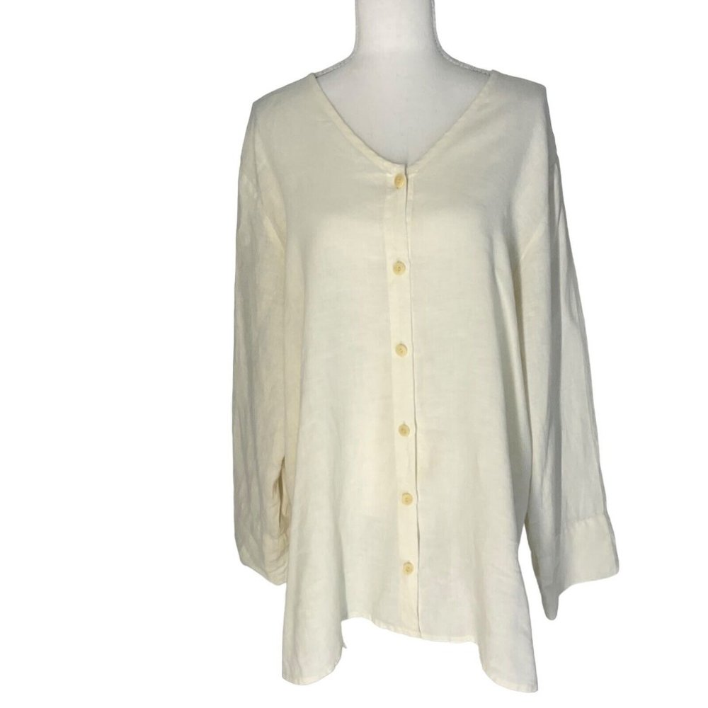 Flax Women’s Tunic Large Cream Button Front Lagan look Blouse 100% Linen